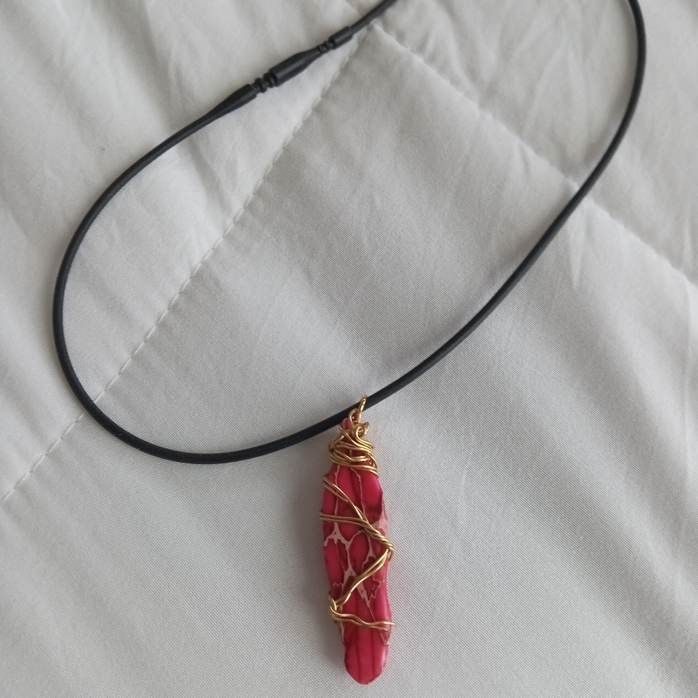 Hand Crafted Rare pink turquoise gemstone black necklace gold wire wrapped cord